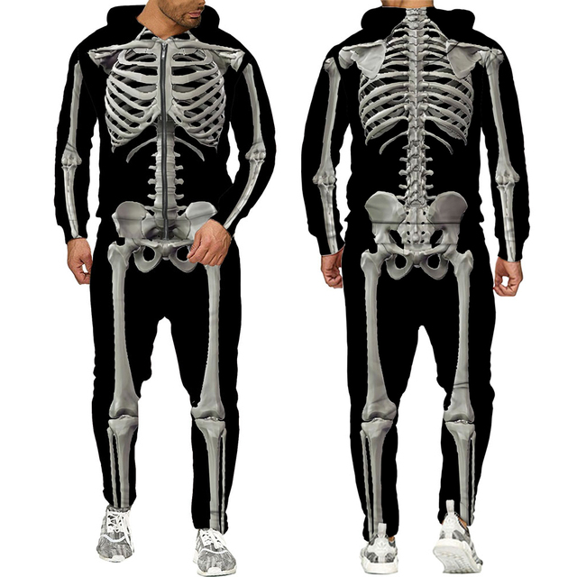Zestaw męskich dresów z kapturem Halloween Cosplay szkielet Splanchna 3D - spodnie i bluza z zamkiem - tanie ubrania i akcesoria