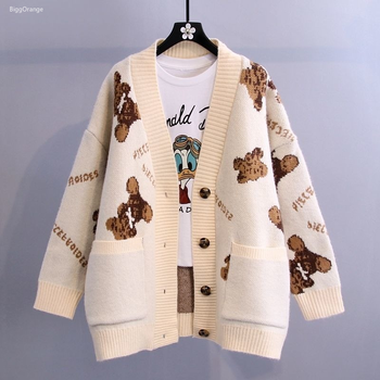 Sweter rozpinany kobiecy V Neck, jesienno-zimowy, oversize, w modnym stylu kreskówki z niedźwiadkami 2021