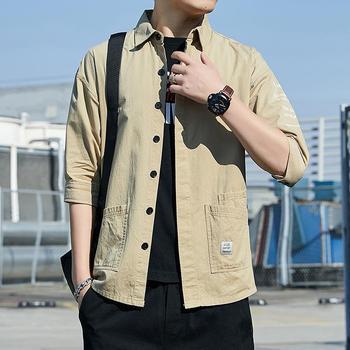 Japońska luźna koszula męska z krótkim rękawem, jednolity kolor, casual, lekka tkanina z bawełny - wiosna/jesień