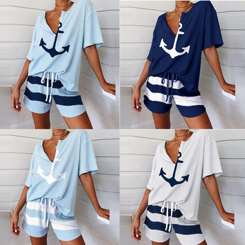 Damski zestaw dresowy: koszula i szorty z kotwicą łodzi w stylu wiosennym, elegancki sweter V-neck z kieszenią