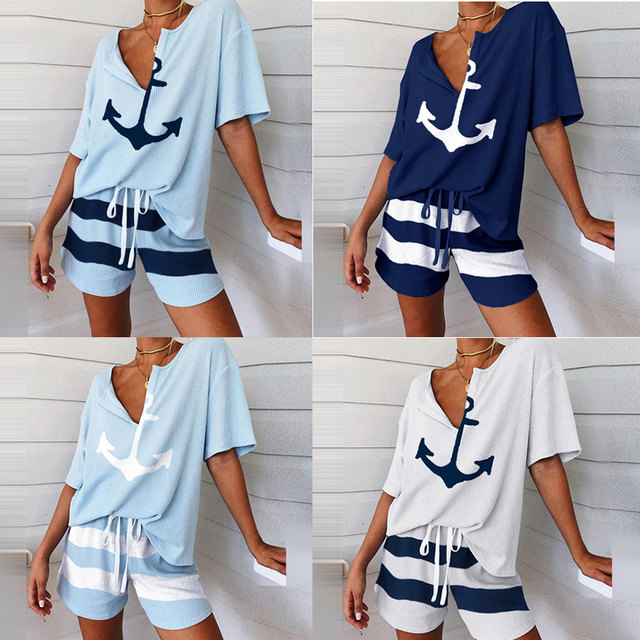 Damski zestaw dresowy: koszula i szorty z kotwicą łodzi w stylu wiosennym, elegancki sweter V-neck z kieszenią - tanie ubrania i akcesoria