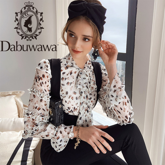 Słodka bluzka damska z nadrukiem kokardy i falbankowymi rękawami Dabuwawa - tanie ubrania i akcesoria