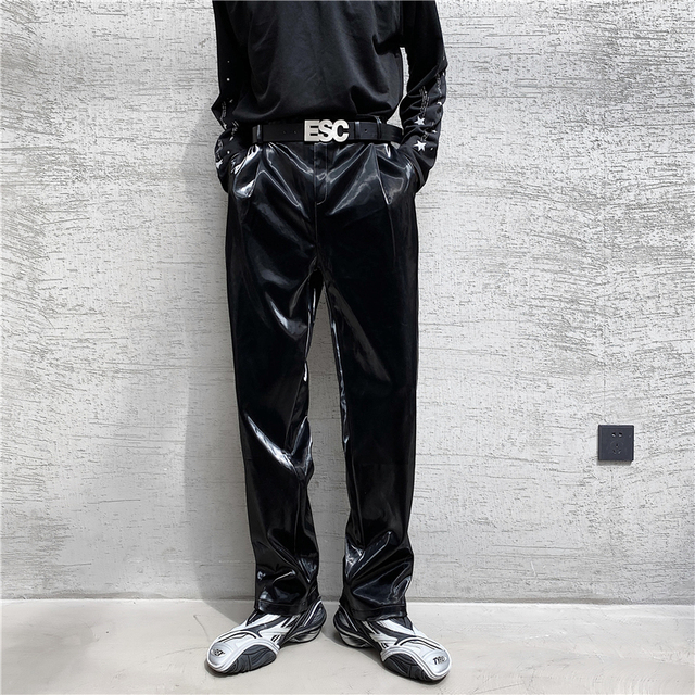 Męskie skórzane spodnie w stylu Streetwear Hip Hop Gothic 2021 jasnej skóry - tanie ubrania i akcesoria