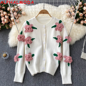 Słodki sweter rozpinany ALPHALMODA 2021 z 3D kwiatem, długimi rękawami i haftowanymi różami - modna kurtka na jesień