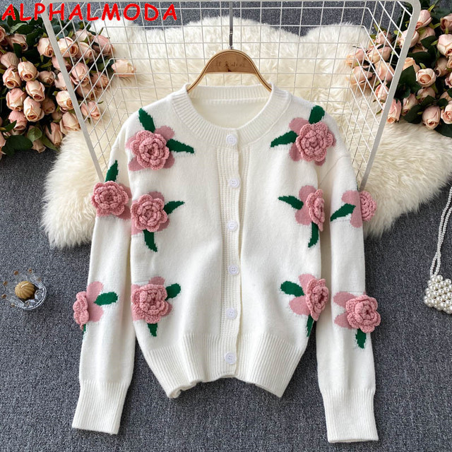 Słodki sweter rozpinany ALPHALMODA 2021 z 3D kwiatem, długimi rękawami i haftowanymi różami - modna kurtka na jesień - tanie ubrania i akcesoria