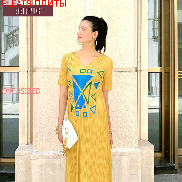 Nowa jasnożółta sukienka w połowie długości z krótkim rękawem o geometrycznym wzorze - dla japońskiego i koreańskiego stylu - tanie ubrania i akcesoria
