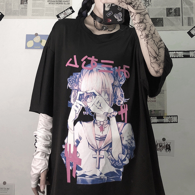 Luźna koszulka damska z wzorem punkowym w stylu Harajuku - tanie ubrania i akcesoria
