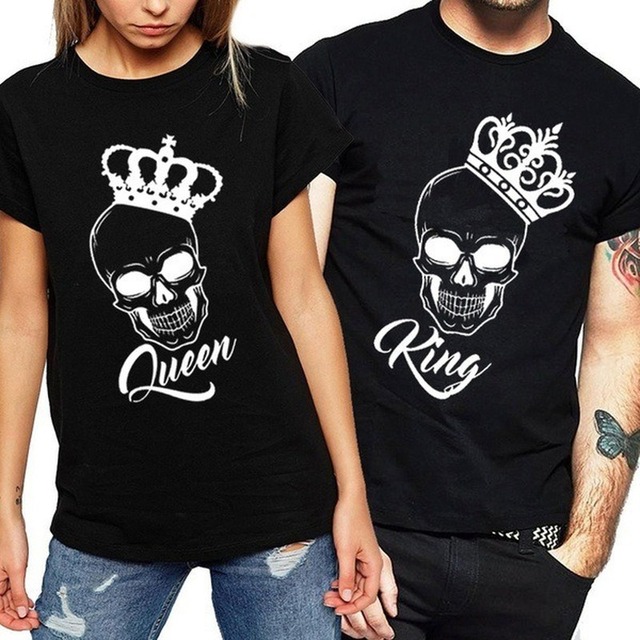 Król królowa pary - T Shirt czaszka z koroną, letnia koszulka damska/męska z okrągłym dekoltem, idealna dla zakochanych - tanie ubrania i akcesoria