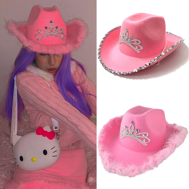 Różowy kowbojski kapelusz z futrem dla dziewczyn i kobiet. Kapelusz kowbojski s gorący Cowgirl, rekwizyt do Cosplayu. Czapka Feather Edge Fedora - tanie ubrania i akcesoria