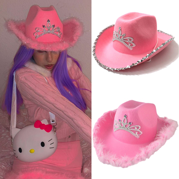 Różowy kowbojski kapelusz z futrem dla dziewczyn i kobiet. Kapelusz kowbojski s gorący Cowgirl, rekwizyt do Cosplayu. Czapka Feather Edge Fedora