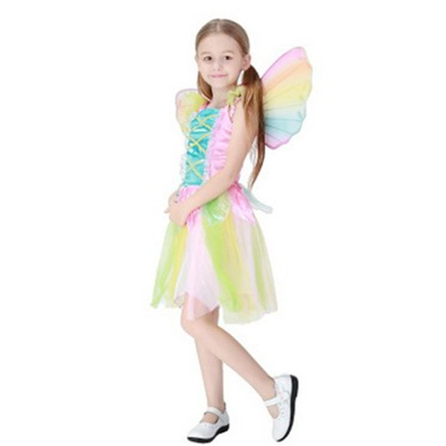 Dziecięce kostiumy dziewczęce: Nowe tęczowe sukienki motylkowe w stylu Anime dla małych wróżek anielskich, idealne na karnawał, Purim i inne imprezy tematyczne - tanie ubrania i akcesoria