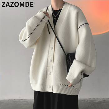 Męski sweter dziergany ZAZOMDE czarno-biały w koreańskim stylu z V-neck, idealny na wiosnę