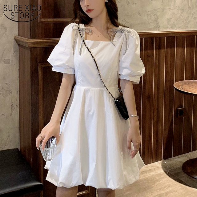 Sukienka wróżka lato mini biały czarny bufiaste rękawy łuki szyfonowa koreański styl Kawaii vintage - tanie ubrania i akcesoria