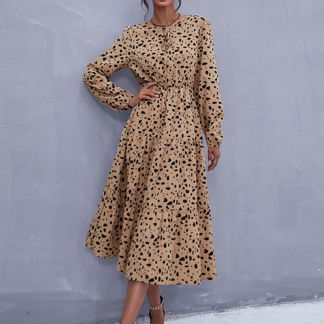 Eleganckie damskie midi sukienki A-line z długim guzikiem na rękawie, wysoka talia, z dużym obszyciem i nadrukiem lamparta - kolekcja jesień 2021 - tanie ubrania i akcesoria