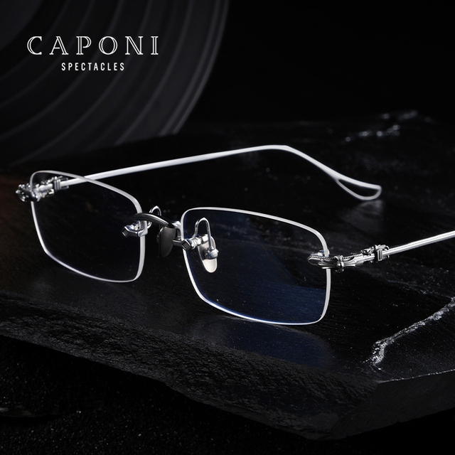 Okulary optyczne CAPONI Rimless dla mężczyzn z tytanowymi oprawkami w stylu Retro - wsparcie dla krótkowzroczności i nadwzroczności (numer J8099) - tanie ubrania i akcesoria