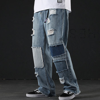 Dżinsy męskie w stylu Vintage, luźny krój, wzór Patch Work, codzienne spodnie miejskie Hip Hop, szerokie Denim, Harajuku, tata styl Unisex