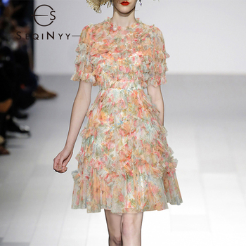 Nowość - Letnia sukienka dla kobiet z krótkim rękawem, pomarańczowy kwiatowy print, siateczkowe falbany, mini długość, wysoka jakość