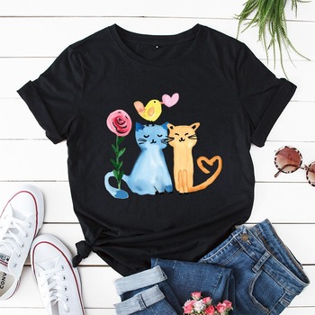 Damska koszulka z nadrukiem olejnym Szczęśliwe koty - bawełna, krótki rękaw, rozmiar Plus