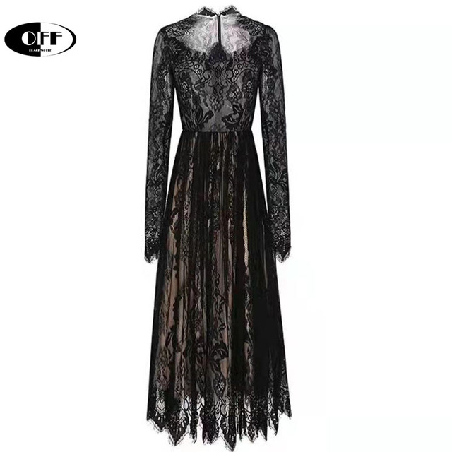 Vintage sukienka Midi OFF koronka długie rękawy elegancki wieczór Retro Femme Mujer- Traf Zevity - tanie ubrania i akcesoria