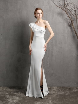 2021 Suknia wieczorowa biała tafta jedno ramię - formalna, długie sukienki z falbankami na imprezę i ślub