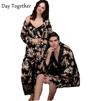 Czarny jedwabny szlafrok kimono dla mężczyzn i kobiet - drukowany smok, satynowa koszula nocna