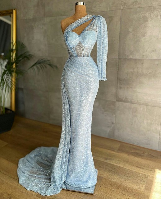 Custom Made sukienka wieczorowa z cekinami w stylu Mermaid, niebieska z jednym rękawem i długą, podłogową długością - tanie ubrania i akcesoria