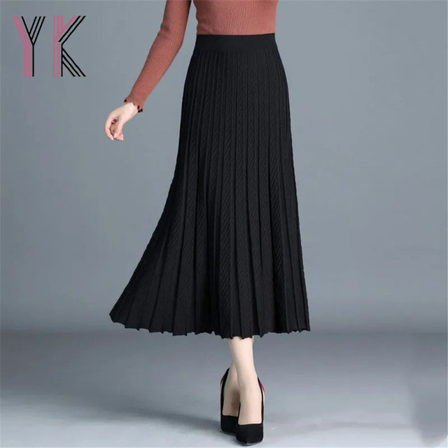 Elastyczna spódnica Midi o wysokim stanie, jednokolorowa, jesienno-zimowa 2021, koreański styl, prosty wzór, plisowana Sukienka Saia - tanie ubrania i akcesoria