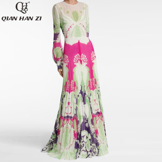 Niestandardowa długa sukienka typu lampion Qian Han Zi z wzorem vintage - tanie ubrania i akcesoria