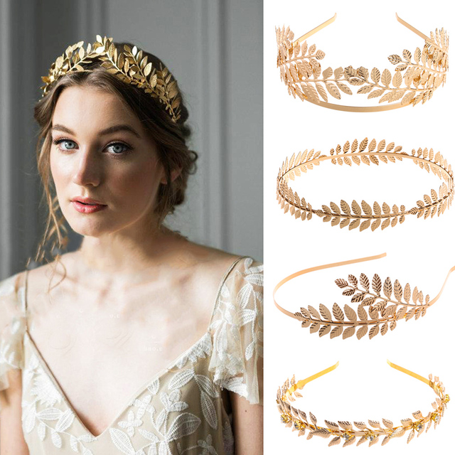 Złota opaska do włosów z metalowym liściem - stylowa, vintage perłowa tiara ślubna - tanie ubrania i akcesoria