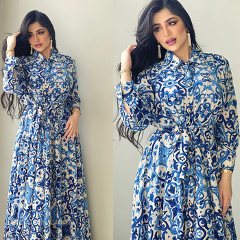 Długie sukienki indyjskie Kaftan Abayas dla muzułmanek - najnowszy model z elastycznym pasem i kwiatowym wzorem
