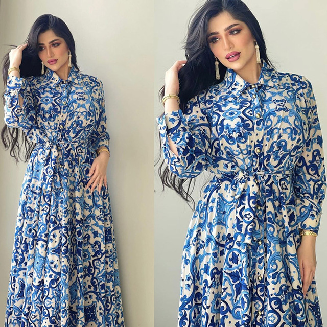 Długie sukienki indyjskie Kaftan Abayas dla muzułmanek - najnowszy model z elastycznym pasem i kwiatowym wzorem - tanie ubrania i akcesoria