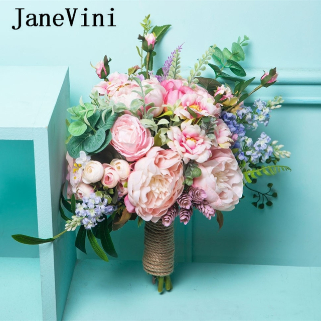 Róże bukietu ślubnego JaneVini 2021 - romantyczny różowy niebieski kwiat wraz z liśćmi eukaliptusa - tanie ubrania i akcesoria