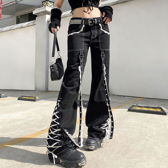 Dżinsy damskie LaceUp Patchwork w stylu Y2k z ciemnymi, estetycznymi detalami Goth, idealne na Vintage Streetwear, Punk, czy proste, dorywcze stylizacje - tanie ubrania i akcesoria