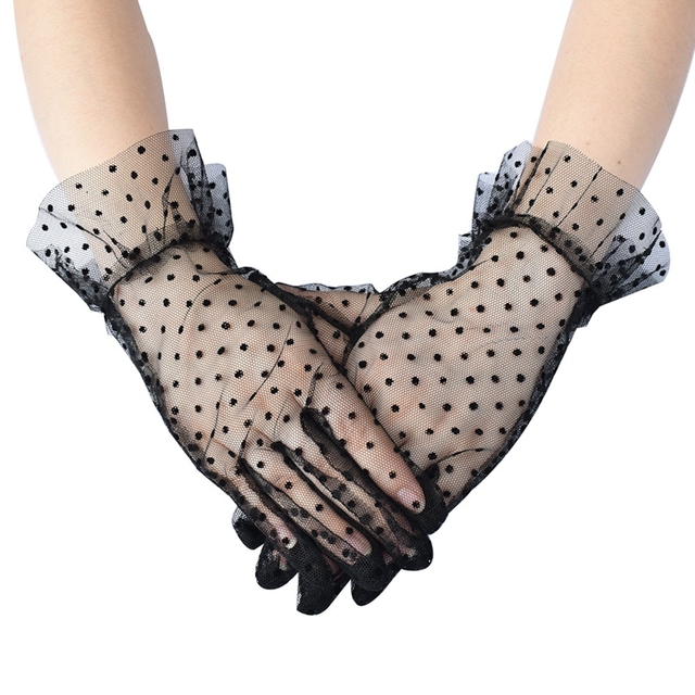 Eleganckie, elastyczne rękawiczki damskie z koronkowymi mitenkami w stylu Lotus Leaf Sheers - tanie ubrania i akcesoria