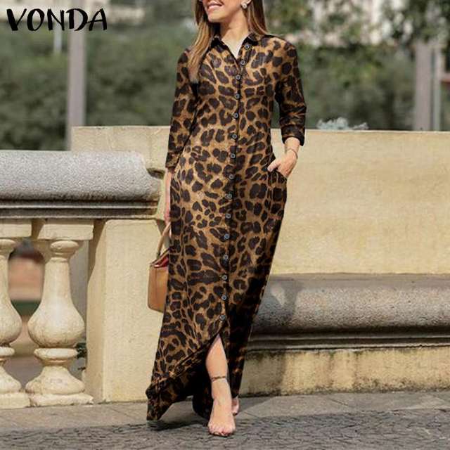 Długa sukienka koszulowa damska z długimi rękawami VONDA w vintage leopardowym stylu - tanie ubrania i akcesoria