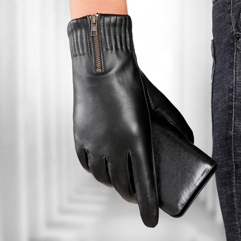 Aksamitne czarne skórzane rękawiczki NR205 z zamkiem błyskawicznym - męskie, zimowe, ciepłe, oryginalne