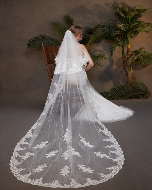 Dwukrotnie warstwowy, tiulowy długi welon ślubny z koronką, białym metalowym grzebieniem - 300*150cm - tanie ubrania i akcesoria