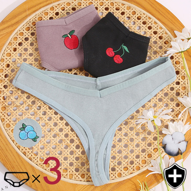Bawełniane damskie stringi haftowane owocami - 3 sztuki/partia, sexy niski stan, słodkie i wygodne - tanie ubrania i akcesoria