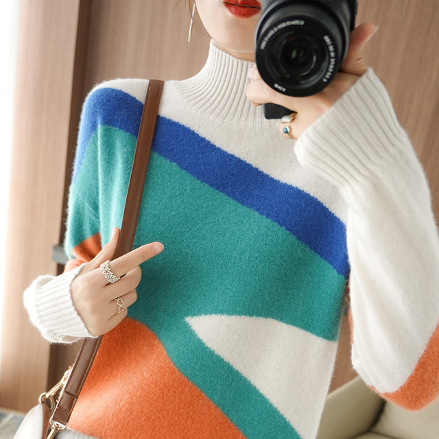 Nowy wełniany sweter damski o połówce szyi, jesienno-zimowy 2021, 100% wełna - tanie ubrania i akcesoria