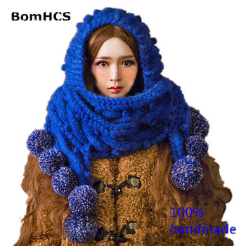 Szalik kapelusz zimowe ręcznie robione na drutach, duży, śliczny z 9 pomponami - BomHCS