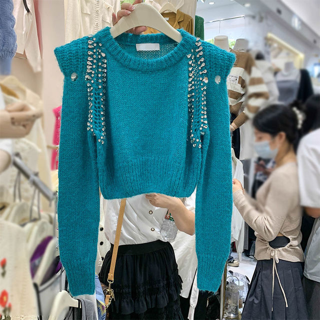 Kobiecy pulower z wysadzanymi diamentami - krótki okrągły dekolt, luźny fason, długi rękaw - jesień i zima 2021 - tanie ubrania i akcesoria