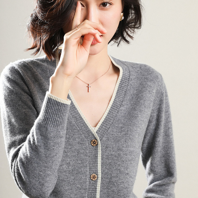 Nowość! Kurtka sweter dla kobiet z wycięciem w serek, rozpinany na suwak, w stylu wczesnej wiosny 2021. Z kaszmiru - tanie ubrania i akcesoria