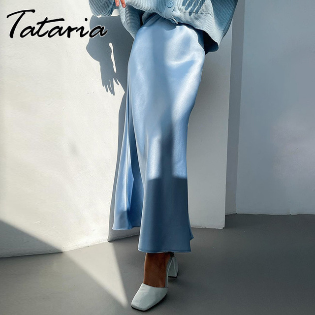 Niebieska satynowa spódnica kobiet wysokiej talii w stylu koreańskim - tanie ubrania i akcesoria