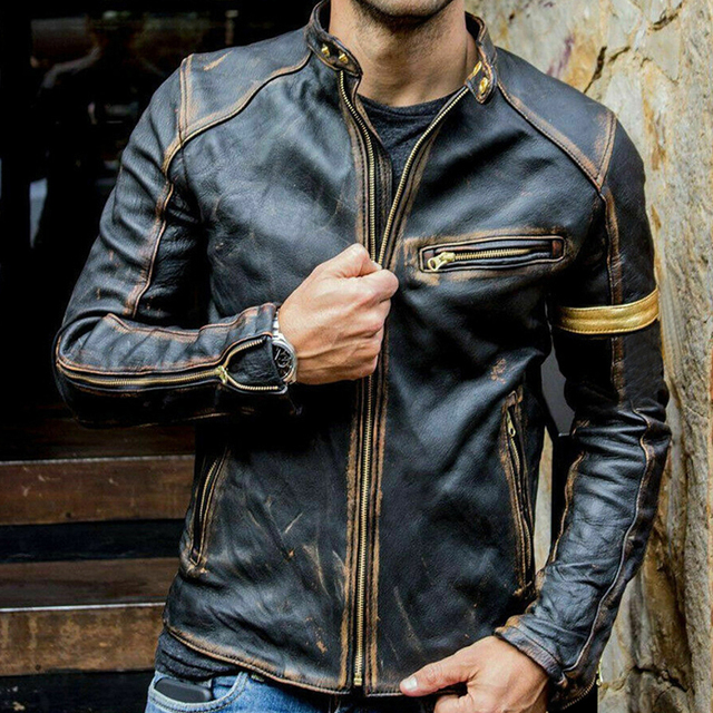 Płaszcz męski z PU skóry w stylu motocyklowym Retro Causal z okrągłą stójką - jesień 2021 - tanie ubrania i akcesoria