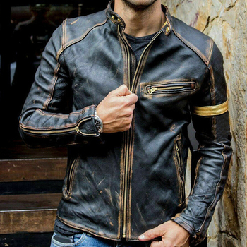 Płaszcz męski z PU skóry w stylu motocyklowym Retro Causal z okrągłą stójką - jesień 2021