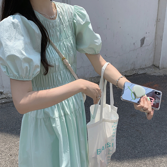 Sukienka Midi dla kobiet w kolorze mięty z bufiastymi rękawami - 2021 trendy koreańskiego projektu - tanie ubrania i akcesoria