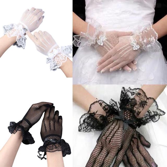 Kabaretki przeciwsłoneczne z koronkowym kokardką – damskie rękawiczki nadgarstkowe czarno-białe z siateczką w stylu Lady Mesh (2022) - tanie ubrania i akcesoria