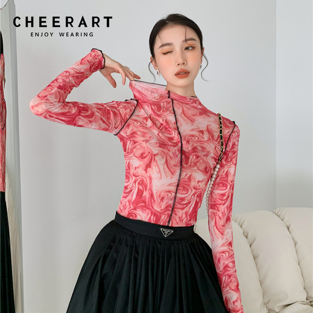 Koszulka damska z długim rękawem CHEERART Rose Red - kontrastowy siatkowy ścieg, Trend Fashion 2021 - tanie ubrania i akcesoria