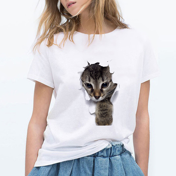Koszulka damska Charmed 3D z nadrukiem kota, krótki rękaw, casual, letnia, estetyczna