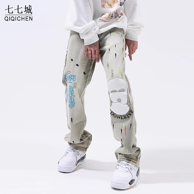 Męskie dżinsy w stylu Harajuku z haftowanymi i malowanymi maskami - retro, dorywcze, hip-hopowe, oversize jeansy Street Vibe - tanie ubrania i akcesoria